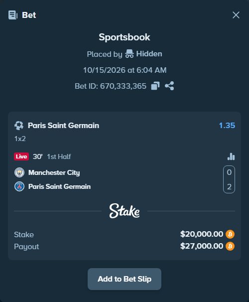 Bet slip: Manchester City - Paris Saint Germain, $19,850.27 stake at 1.35 odds, placed by Espnik