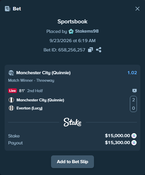 Bet slip: Manchester City (Quinnie) - Everton (Lucy), $14,976.02 stake at 1.02 odds, placed by Stakems98