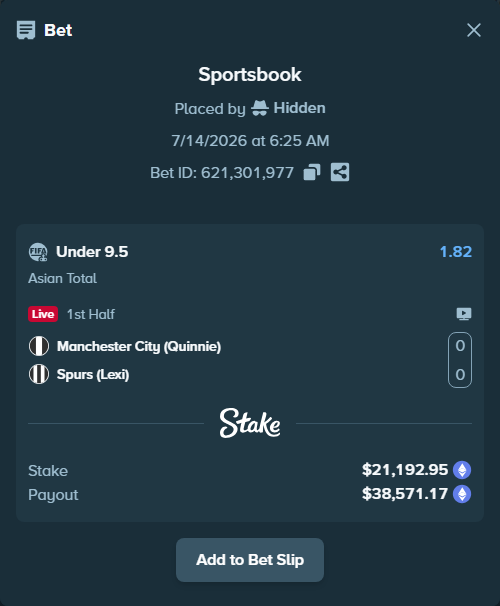 Bet slip: Manchester City (Quinnie) - Spurs (Lexi), $22,804.64 stake at 1.82 odds, placed by Hidden