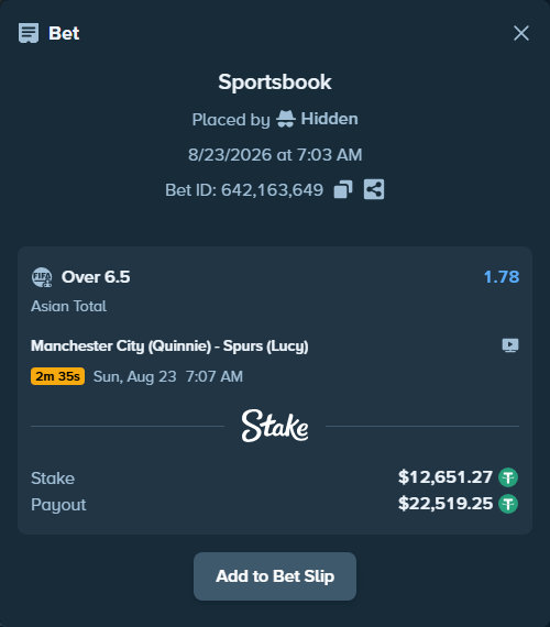 Bet slip: Manchester City (Quinnie) - Spurs (Lucy), $12,650.00 stake at 1.78 odds, placed by Hidden