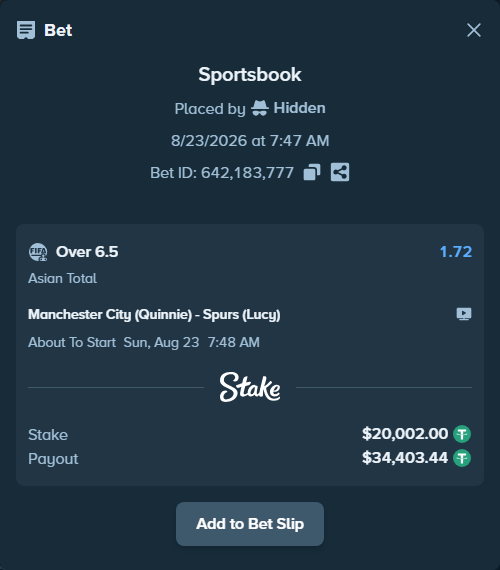 Bet slip: Manchester City (Quinnie) - Spurs (Lucy), $20,000.00 stake at 1.72 odds, placed by Hidden