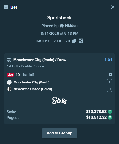 Bet slip: Manchester City (Ronin) - Newcastle United (Galen), $13,391.91 stake at 1.01 odds, placed by Hidden