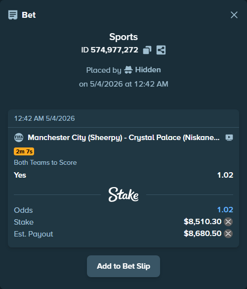 Bet slip: Manchester City (Sheerpy) - Crystal Palace (Niskanen15), $6,998.57 stake at 1.02 odds, placed by Hidden