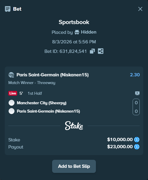 Bet slip: Manchester City (Sheerpy) - Paris Saint-Germain (Niskanen15), $10,000.00 stake at 2.30 odds, placed by Hidden
