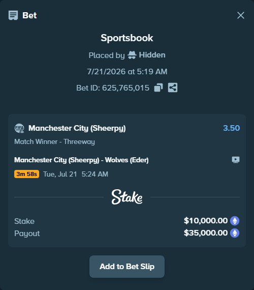 Bet slip: Manchester City (Sheerpy) - Wolves (Eder), $10,048.95 stake at 3.50 odds, placed by Hidden