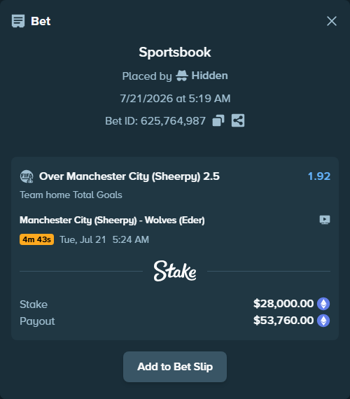 Bet slip: Manchester City (Sheerpy) - Wolves (Eder), $28,137.07 stake at 1.92 odds, placed by Hidden