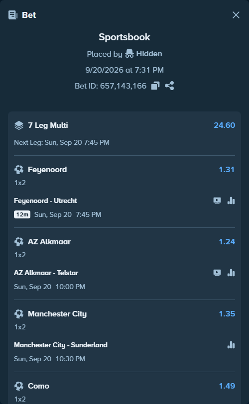 Bet slip: Manchester City - Sunderland, $10,000.00 stake at 1.35 odds, placed by Hidden