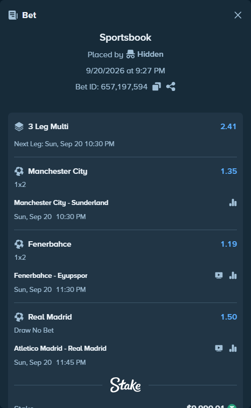 Bet slip: Manchester City - Sunderland, $10,000.00 stake at 1.35 odds, placed by Hidden