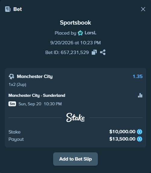 Bet slip: Manchester City - Sunderland, $10,000.00 stake at 1.35 odds, placed by LarsL