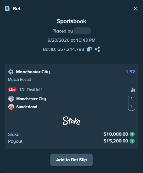 Bet slip: Manchester City - Sunderland, $10,000.00 stake at 1.52 odds, placed by soloy