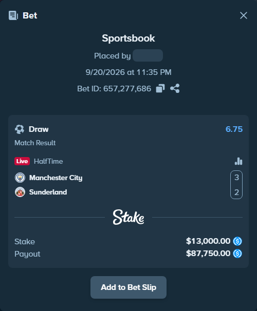 Bet slip: Manchester City - Sunderland, $13,000.00 stake at 6.75 odds, placed by pering3
