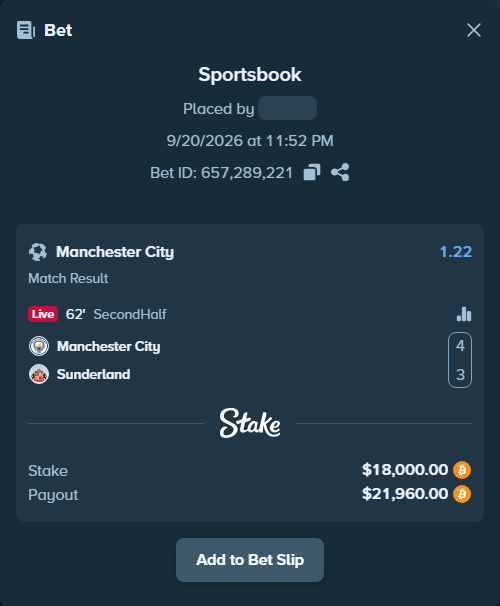 Bet slip: Manchester City - Sunderland, $18,017.15 stake at 1.22 odds, placed by Hallfkh