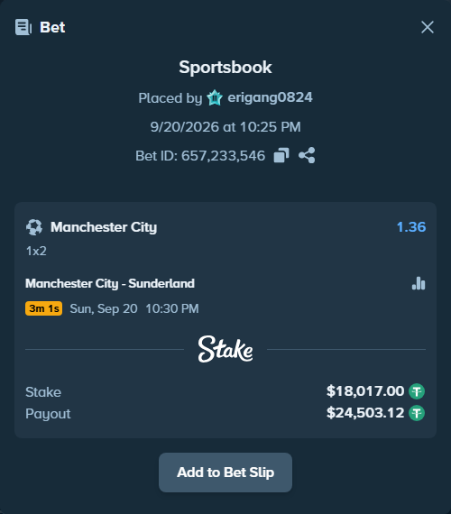 Bet slip: Manchester City - Sunderland, $18,017.00 stake at 1.36 odds, placed by erigang0824