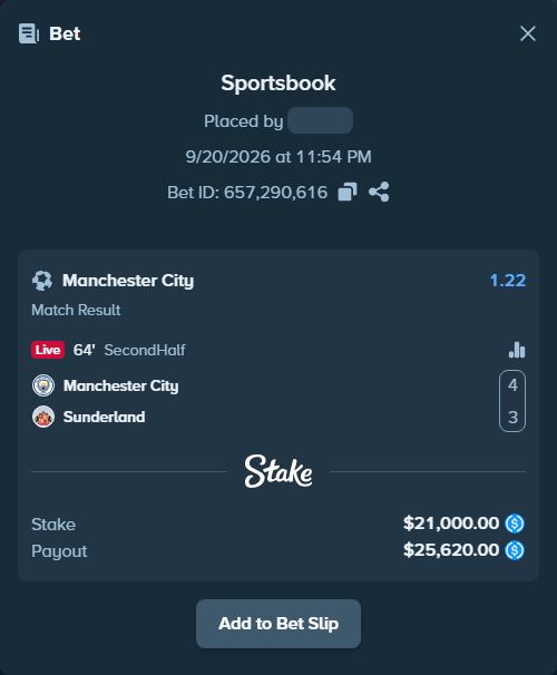 Bet slip: Manchester City - Sunderland, $21,000.00 stake at 1.22 odds, placed by floutp451