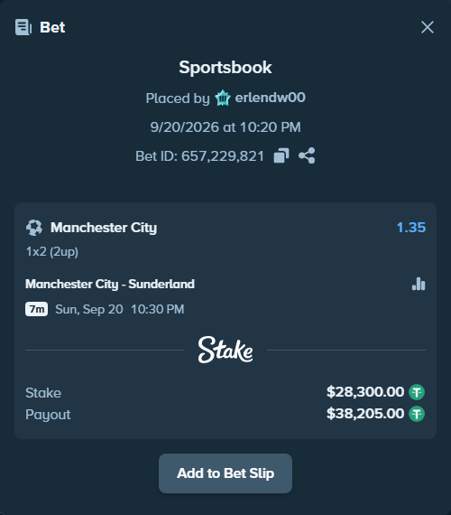 Bet slip: Manchester City - Sunderland, $28,300.00 stake at 1.35 odds, placed by erlendw00
