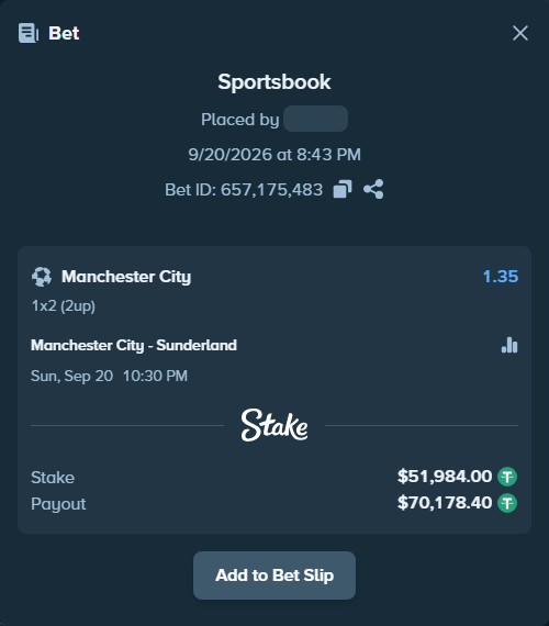Bet slip: Manchester City - Sunderland, $51,984.00 stake at 1.35 odds, placed by Oen1
