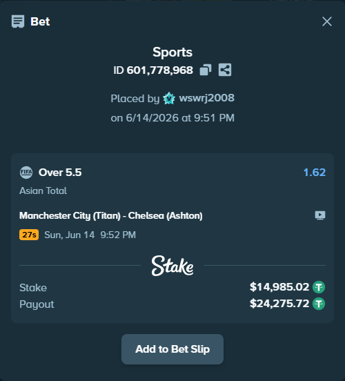 Bet slip: Manchester City (Titan) - Chelsea (Ashton), $15,000.00 stake at 1.62 odds, placed by wswrj2008