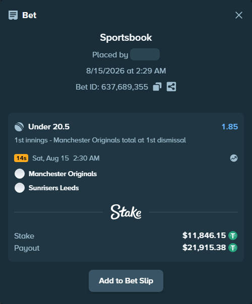 Bet slip: Manchester Super Giants - Sunrisers Leeds, $11,858.00 stake at 1.85 odds, placed by Munni12300