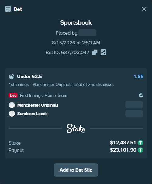 Bet slip: Manchester Super Giants - Sunrisers Leeds, $12,500.00 stake at 1.85 odds, placed by Munni12300