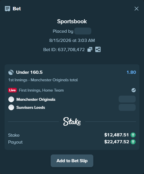 Bet slip: Manchester Super Giants - Sunrisers Leeds, $12,500.00 stake at 1.80 odds, placed by Munni12300
