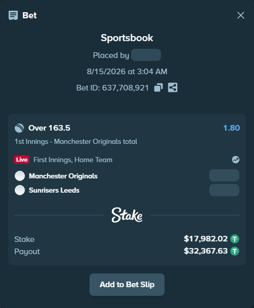 Bet slip: Manchester Super Giants - Sunrisers Leeds, $18,000.00 stake at 1.80 odds, placed by Randy007799