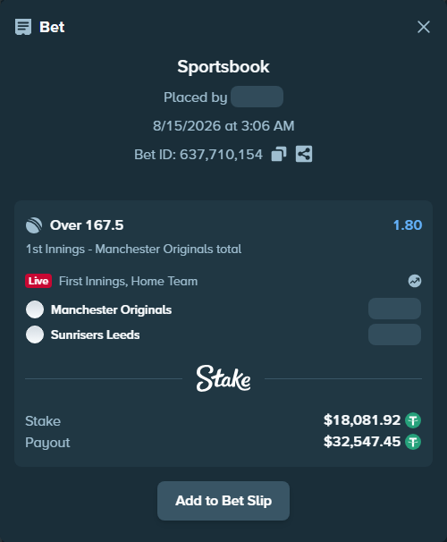 Bet slip: Manchester Super Giants - Sunrisers Leeds, $18,100.00 stake at 1.80 odds, placed by Randy007799