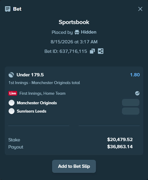 Bet slip: Manchester Super Giants - Sunrisers Leeds, $20,500.00 stake at 1.80 odds, placed by Munni12300