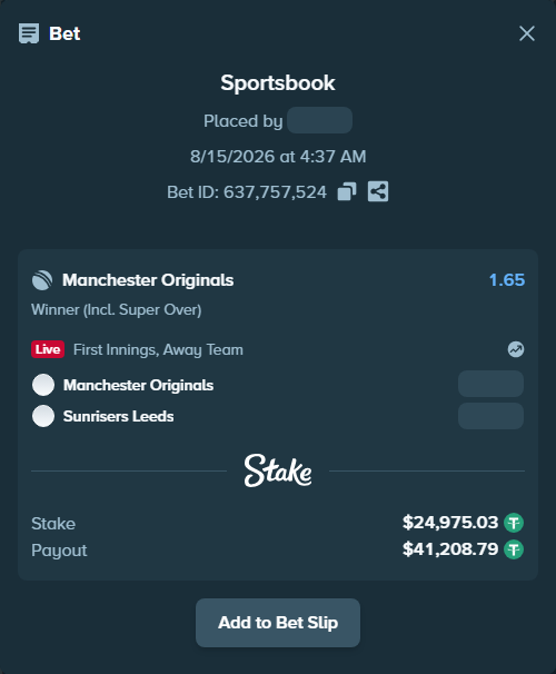 Bet slip: Manchester Super Giants - Sunrisers Leeds, $25,000.00 stake at 1.65 odds, placed by Munni12300
