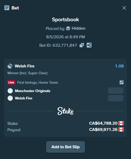 Bet slip: Manchester Super Giants - Welsh Fire, $47,943.27 stake at 1.08 odds, placed by Hidden