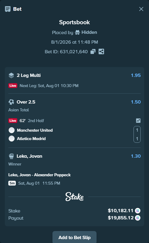Bet slip: Manchester United - Atletico Madrid, $10,144.50 stake at 1.50 odds, placed by Hidden