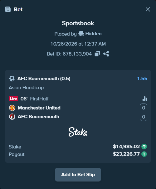 Bet slip: Manchester United - Bournemouth, $15,000.00 stake at 1.55 odds, placed by simplyfair02