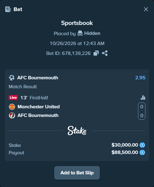 Bet slip: Manchester United - Bournemouth, $30,000.00 stake at 2.95 odds, placed by Molle59