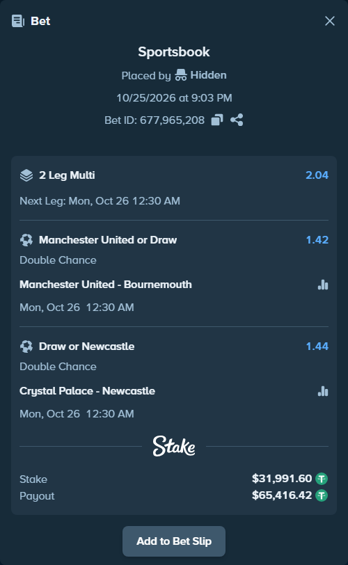 Bet slip: Manchester United - Bournemouth, $32,023.59 stake at 1.42 odds, placed by DXBMustard