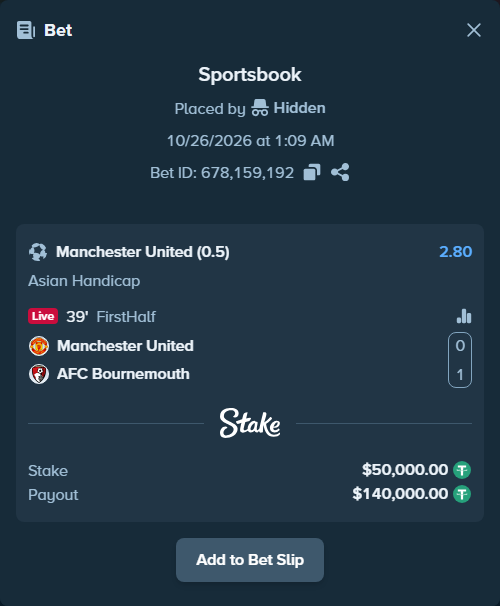 Bet slip: Manchester United - Bournemouth, $50,050.00 stake at 2.80 odds, placed by Hidden