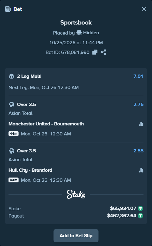 Bet slip: Manchester United - Bournemouth, $66,000.00 stake at 2.75 odds, placed by Hidden