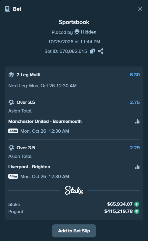 Bet slip: Manchester United - Bournemouth, $66,000.00 stake at 2.75 odds, placed by Hidden