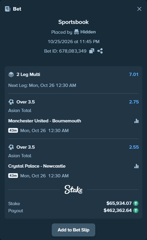 Bet slip: Manchester United - Bournemouth, $66,000.00 stake at 2.75 odds, placed by Hidden