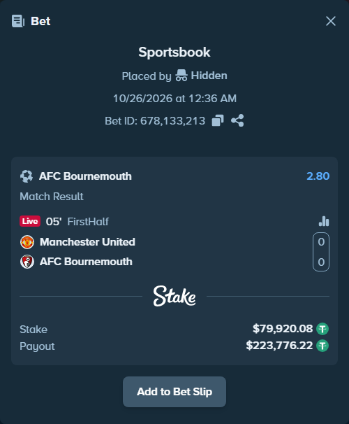 Bet slip: Manchester United - Bournemouth, $80,000.00 stake at 2.80 odds, placed by BetlikeaKing