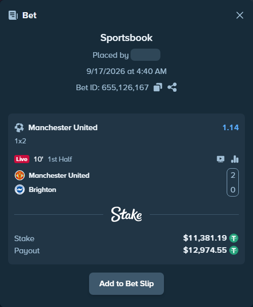Bet slip: Manchester United - Brighton, $11,392.57 stake at 1.14 odds, placed by sanchit86