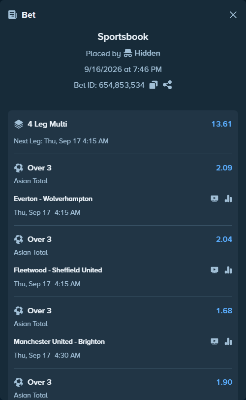 Bet slip: Manchester United - Brighton, $50,000.00 stake at 1.68 odds, placed by Hidden