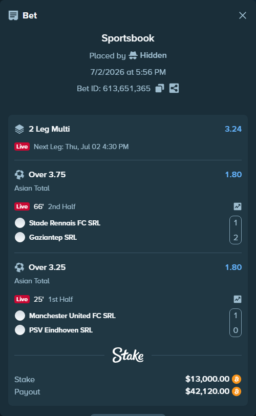 Bet slip: Manchester United FC SRL - PSV Eindhoven SRL, $13,679.60 stake at 1.80 odds, placed by Hidden