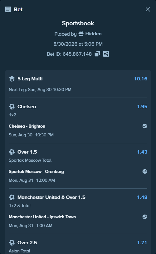 Bet slip: Manchester United - Ipswich Town, $10,000.00 stake at 1.48 odds, placed by Hidden