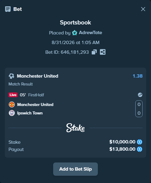 Bet slip: Manchester United - Ipswich Town, $10,000.00 stake at 1.38 odds, placed by AdrewTate