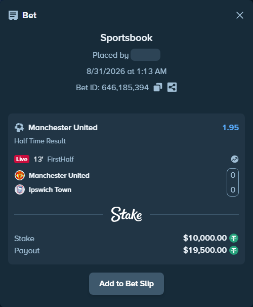 Bet slip: Manchester United - Ipswich Town, $10,000.00 stake at 1.95 odds, placed by KOHINUR7474