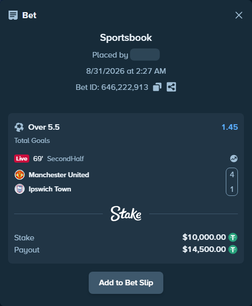 Bet slip: Manchester United - Ipswich Town, $10,000.00 stake at 1.45 odds, placed by fanemailbox
