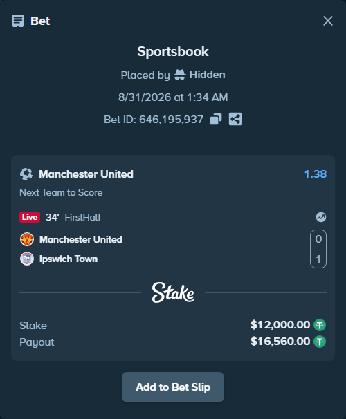 Bet slip: Manchester United - Ipswich Town, $12,000.00 stake at 1.38 odds, placed by Hidden