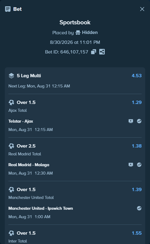 Bet slip: Manchester United - Ipswich Town, $15,000.00 stake at 1.39 odds, placed by Hidden