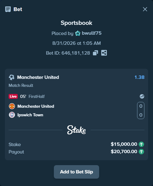Bet slip: Manchester United - Ipswich Town, $15,000.00 stake at 1.38 odds, placed by bwullf75