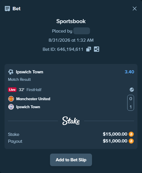 Bet slip: Manchester United - Ipswich Town, $14,791.09 stake at 3.40 odds, placed by 97signe