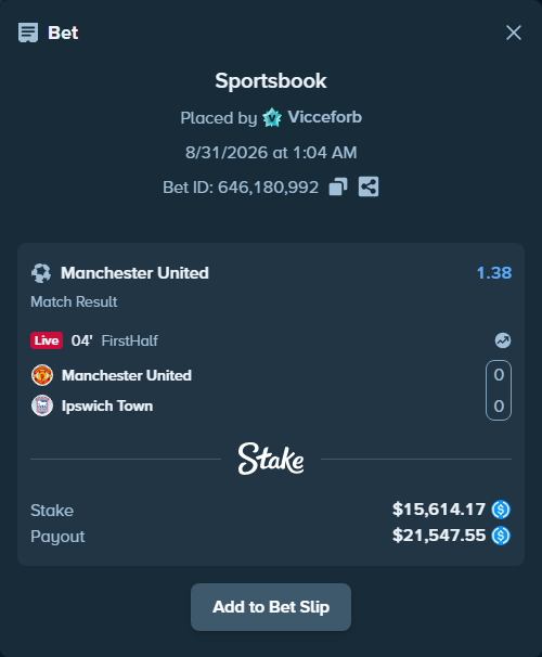 Bet slip: Manchester United - Ipswich Town, $15,614.17 stake at 1.38 odds, placed by Vicceforb